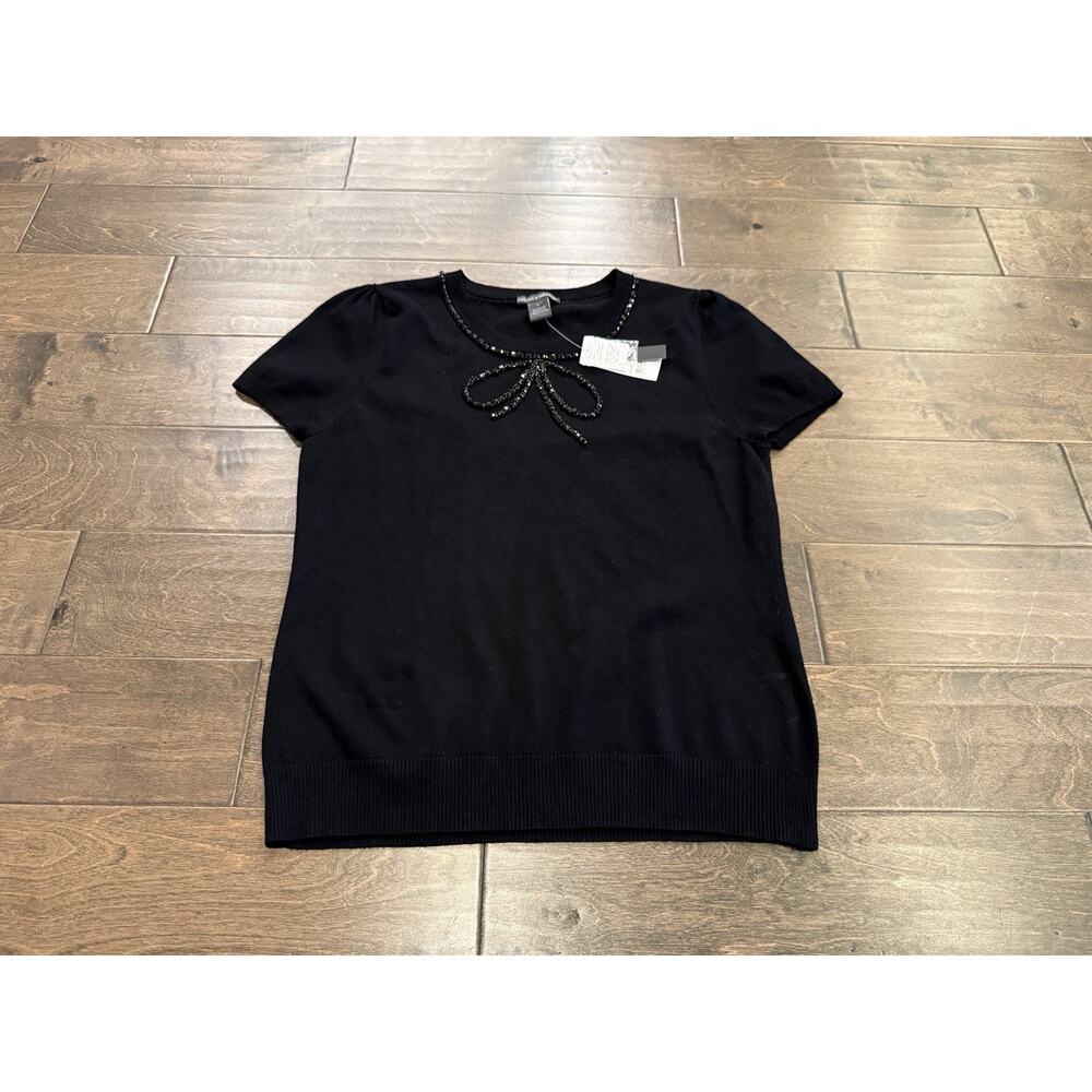 Chelsea & Theodore Womens Black Bow Tie Fixture Short Sleeve Shirt L NWT $68 - Picture 2 of 8